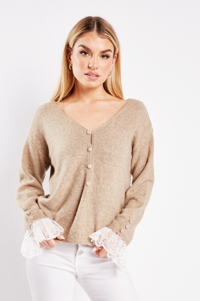 Image of Lace Sleeve Cuff Knit Top