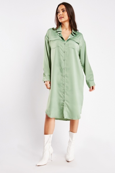 Image of Silky Light Green Shirt Midi Dress