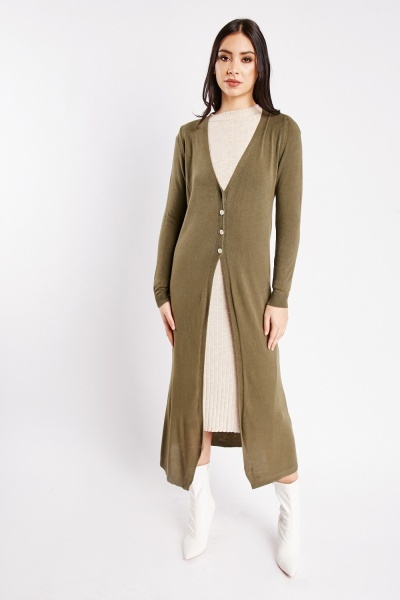 Image of Partly Buttoned Knitted Longline Cardigan