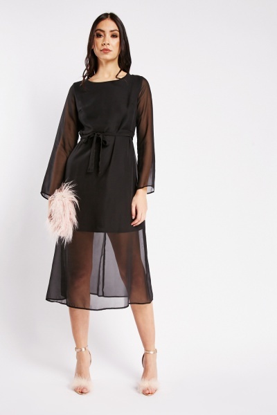 Image of Sheer Overlay Black Dress