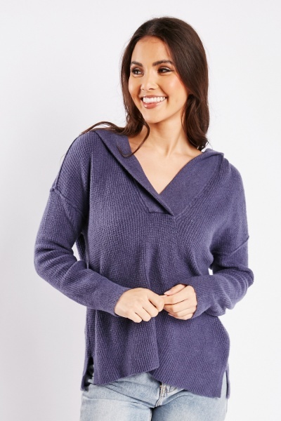 Image of Wrap Neck Hooded Knit Jumper