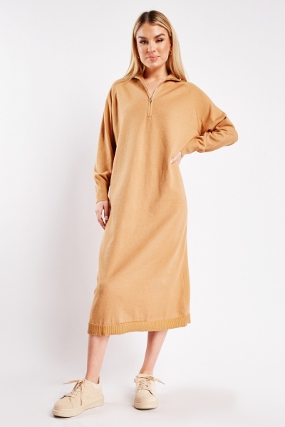 Half Zipped Camel Knit Dress