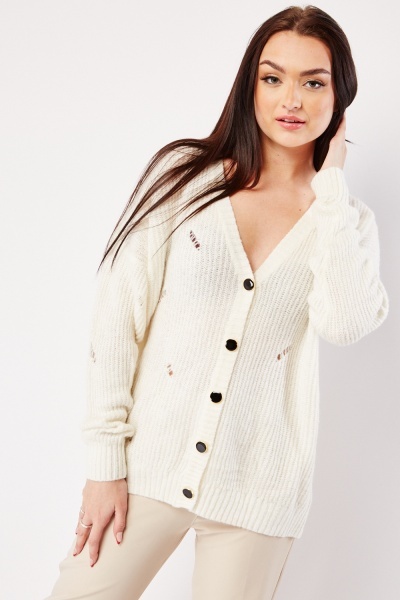 Button Front Distressed Knit Cardigan