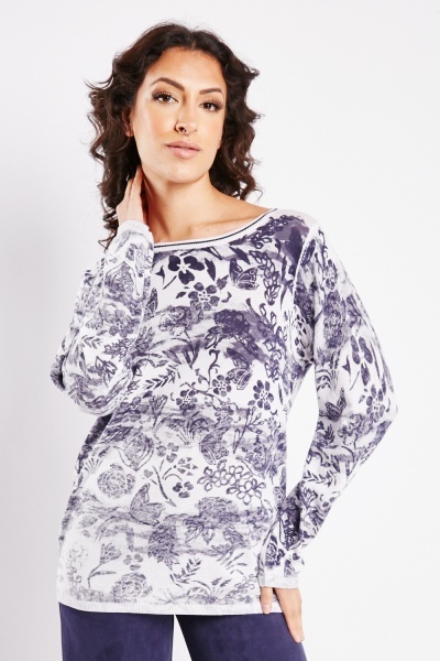 Image of Floral Print Cotton Knit Sweater
