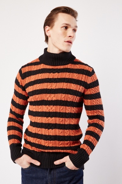 Roll Neck Cable Knit Striped Jumper