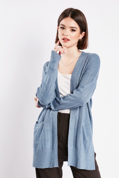 Image of Open Front Ribbed Knit Cardigan