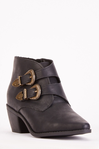 Western Buckle Strap Ankle Boots