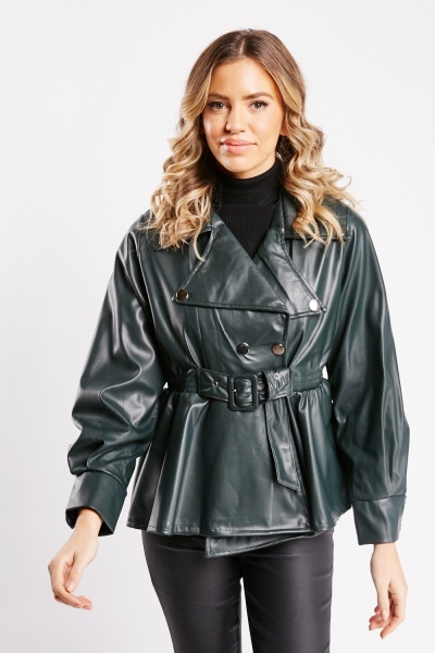 Image of Frilly Hem Faux Leather Jacket