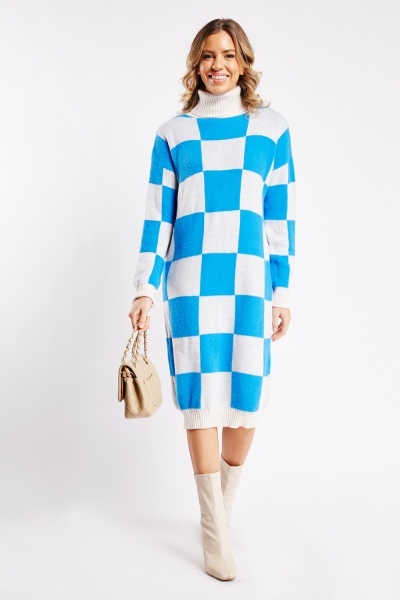 Roll Neck Checkboard Knit Dress