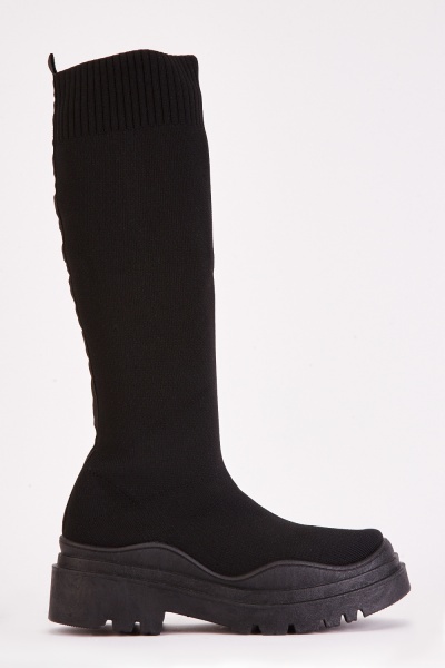 Sock Overlay Chunky Heel Boots
