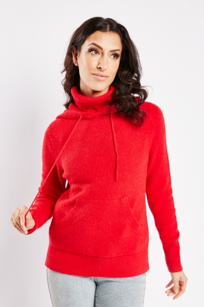 Image of Roll Neck Panel Hooded Knit Jumper