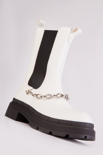 Image of Chain Detail Chunky White Boots