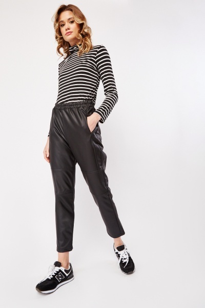 Image of Faux Leather Elasticated Black Trousers