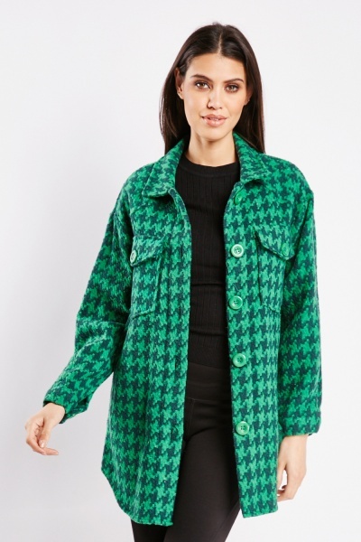 Image of Houndstooth Pattern Flap Pockets Shacket