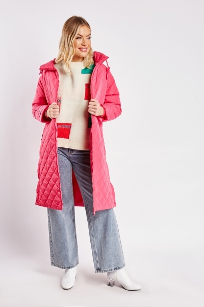 Image of Quilted Hooded Long Jacket