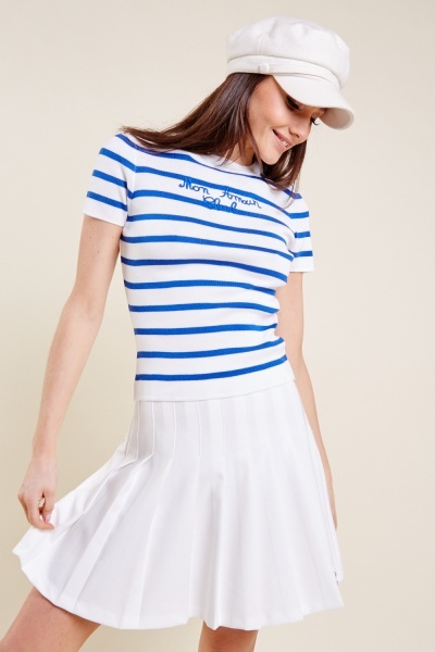 Embroidered Slogan Striped Top