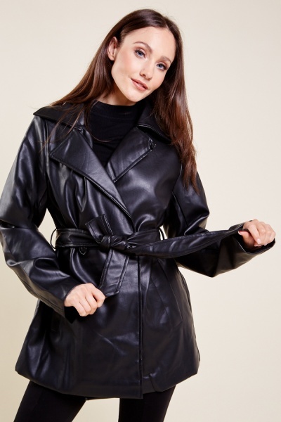 Image of Faux Leather Tie Up Waist Jacket