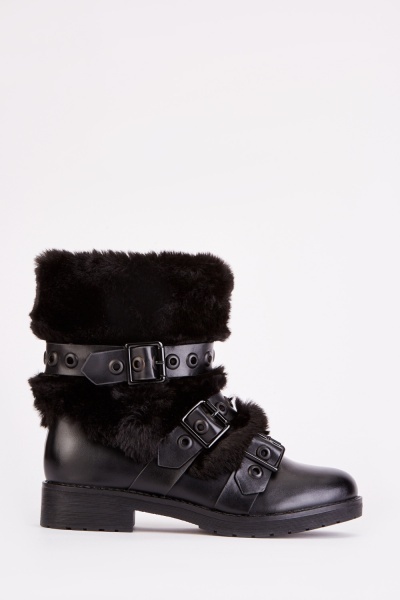 Faux Fur Buckled Black Boots