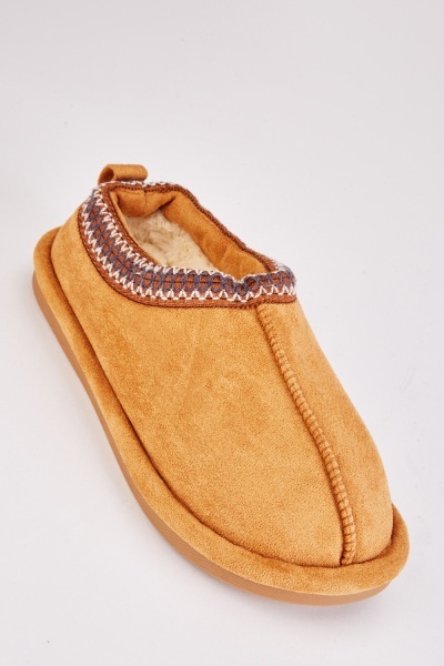 Image of Embroidered Trim Suedette Slippers