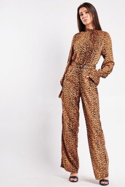 AXPARIS Leopard Print Belted Jumpsuit