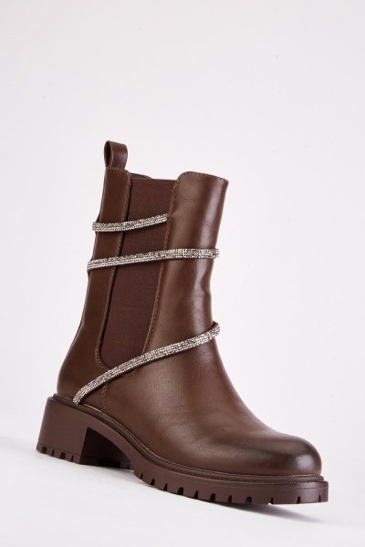 Diamante Detail Faux Leather Boots