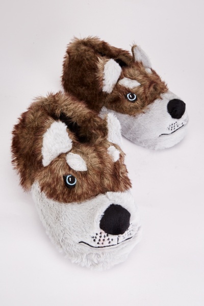 Image of Wolf Shaped Mens Indoor Slippers