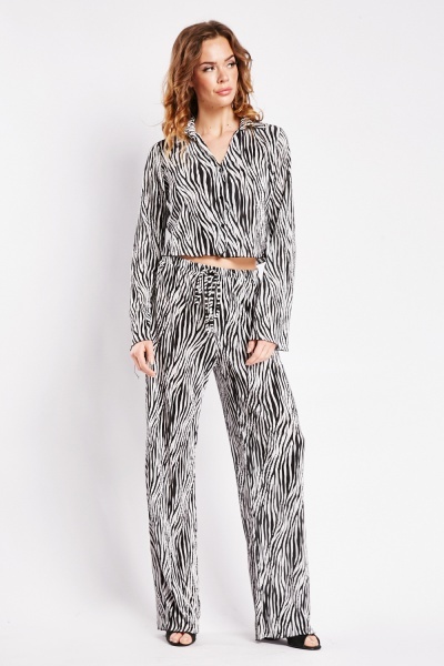 Zebra Print Plisse Top And Trousers Set