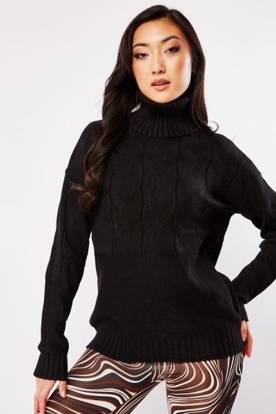 Image of Cable Knit Panel Roll Neck Jumper