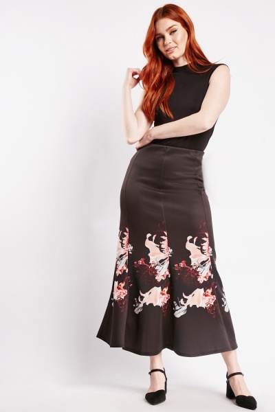 Lily Flower Print Godet Skirt