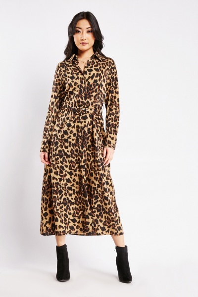 Buckle Belted Leopard Maxi Dress