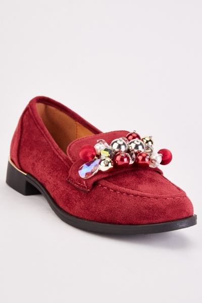 Image of Jewel Embellished Suedette Loafers