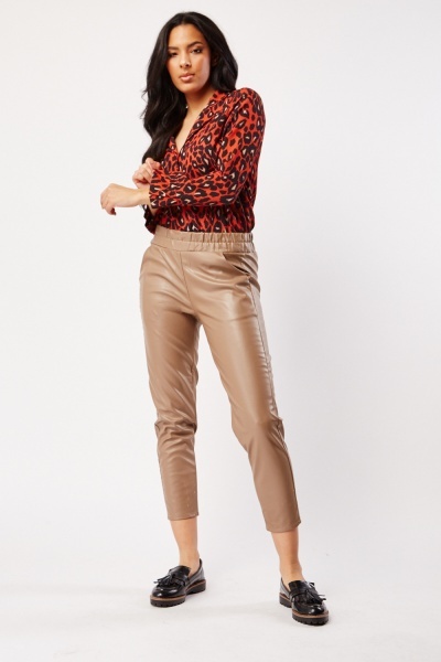 Image of Faux Leather Elasticated Tapered Trousers