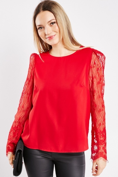 Image of Lace Sleeve Contrast Blouse