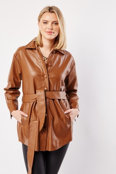 Image of Faux Leather Belted Shacket