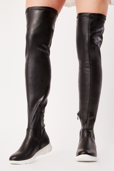 Faux Leather Knee High Black Boots