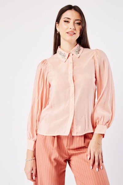 Embellished Collar Pink Shirt