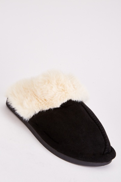 Image of Fluffy Trim Black Indoor Slippers