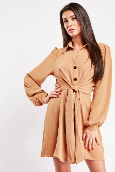 Image of Tie Up Buttoned Shirt Dress
