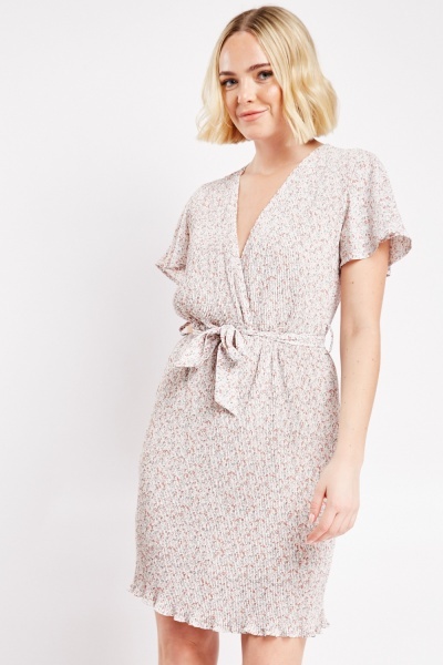 Pleated Floral Wrap Dress