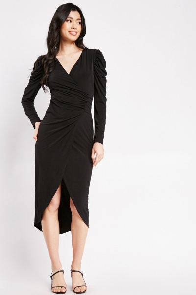 Ruched Sleeve Wrap Dress