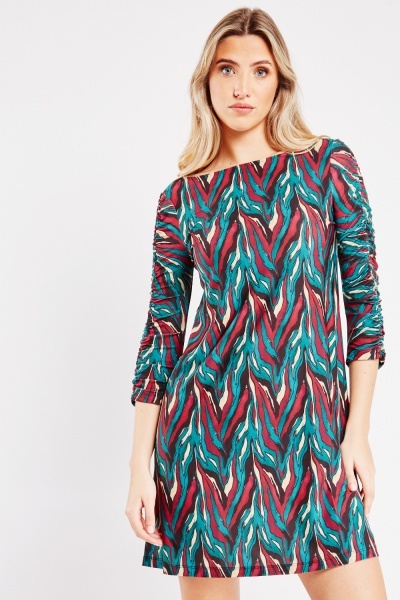 Ruched Sleeve Printed Dress