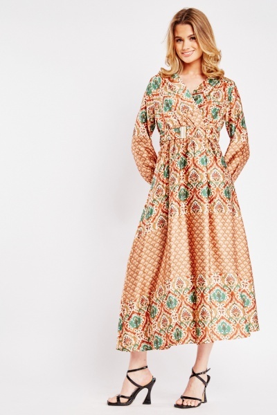 Belted Ethnic Print Silky Dress