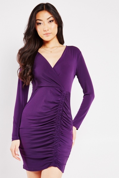 Ruched Wrap Neck Bodycon Dress