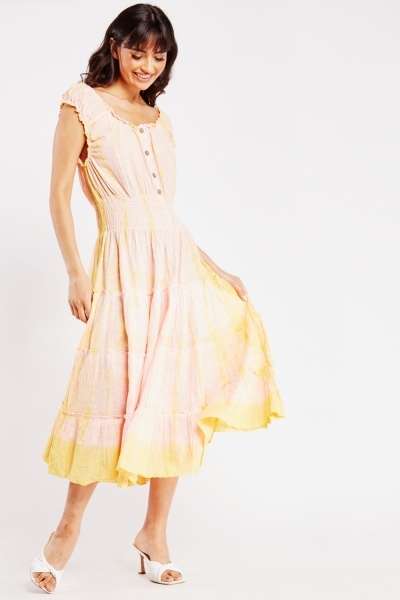 Image of Button Trim Printed Midaxi Dress