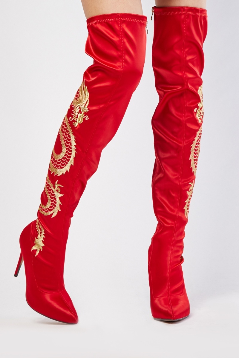 embroidered thigh high boots