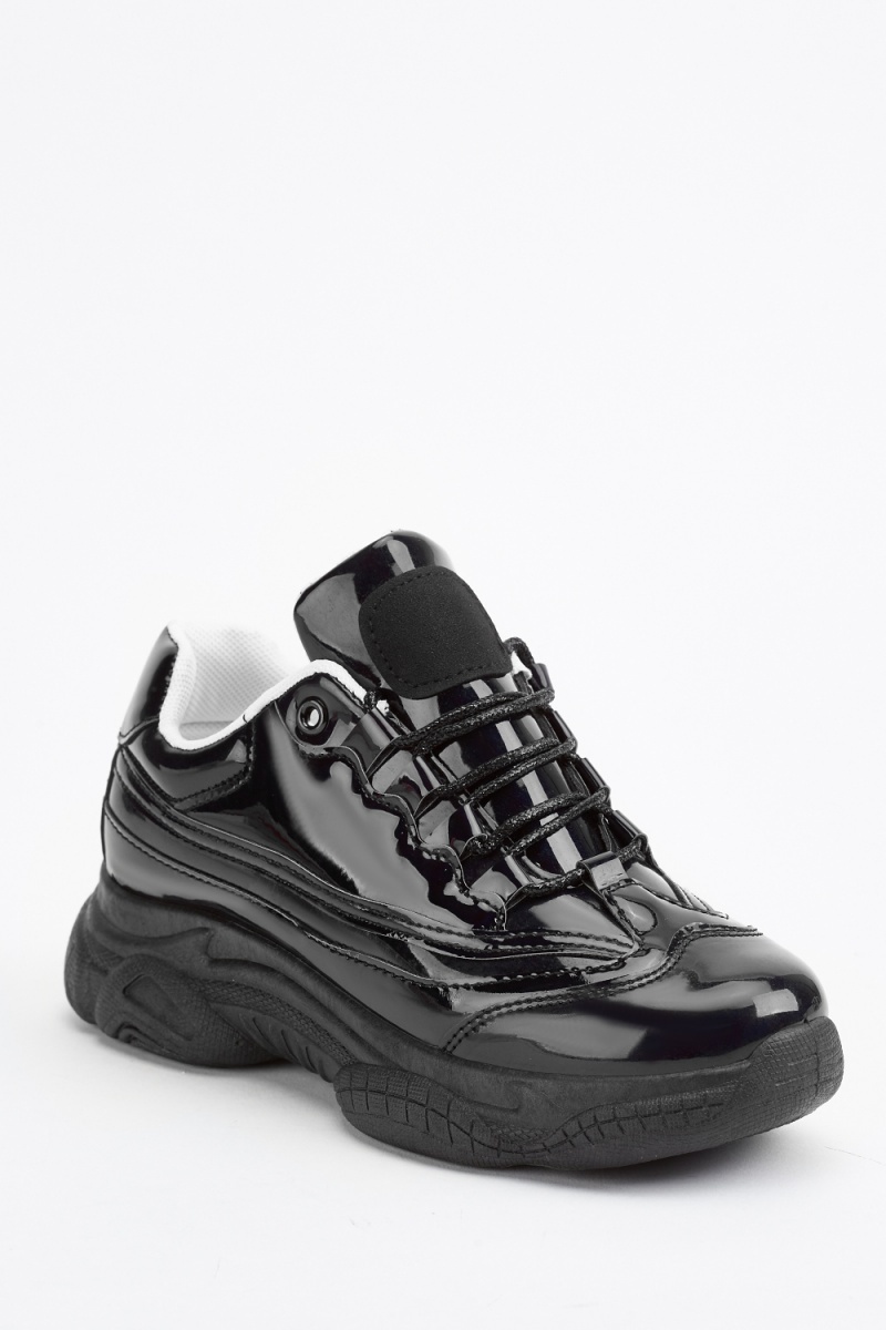 Black Shiny Lace Up Trainers - Just $6