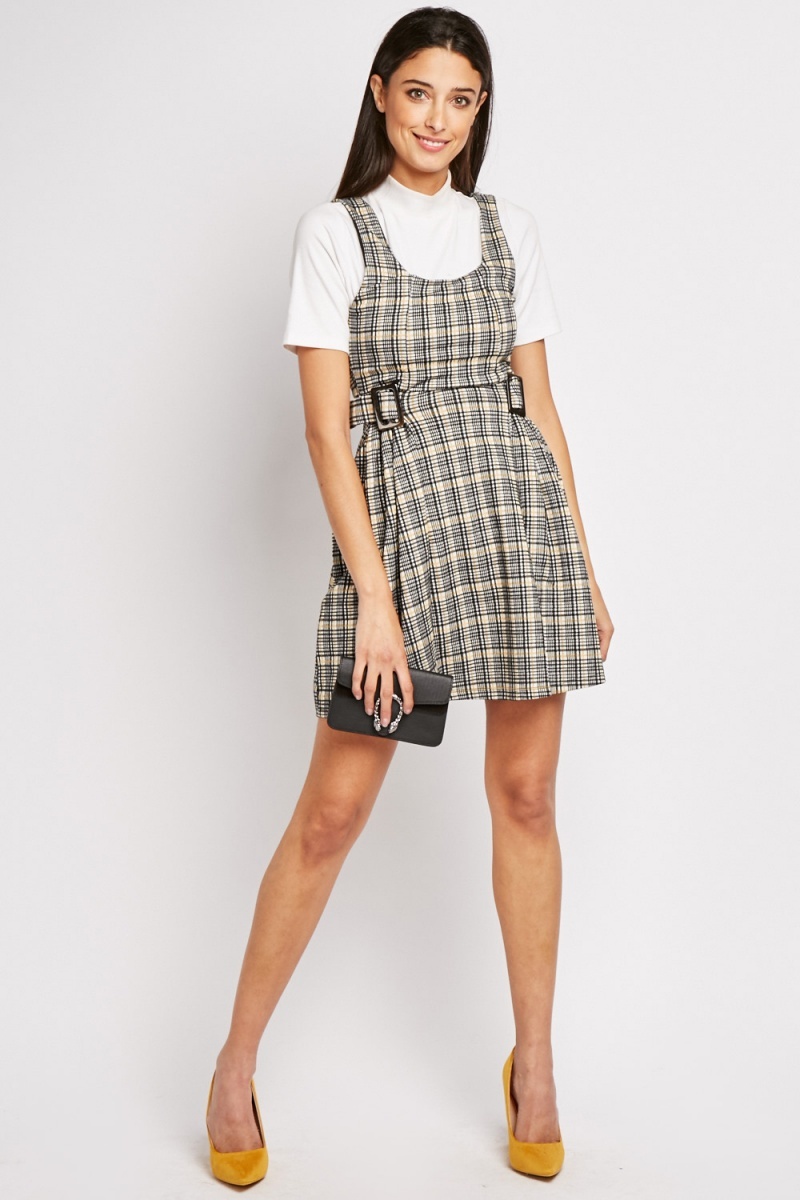 grey plaid pinafore dress