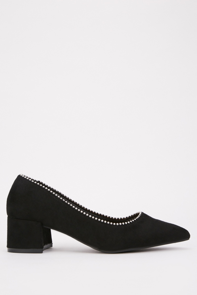 Studded Block Heel Suedette Shoes - 3 