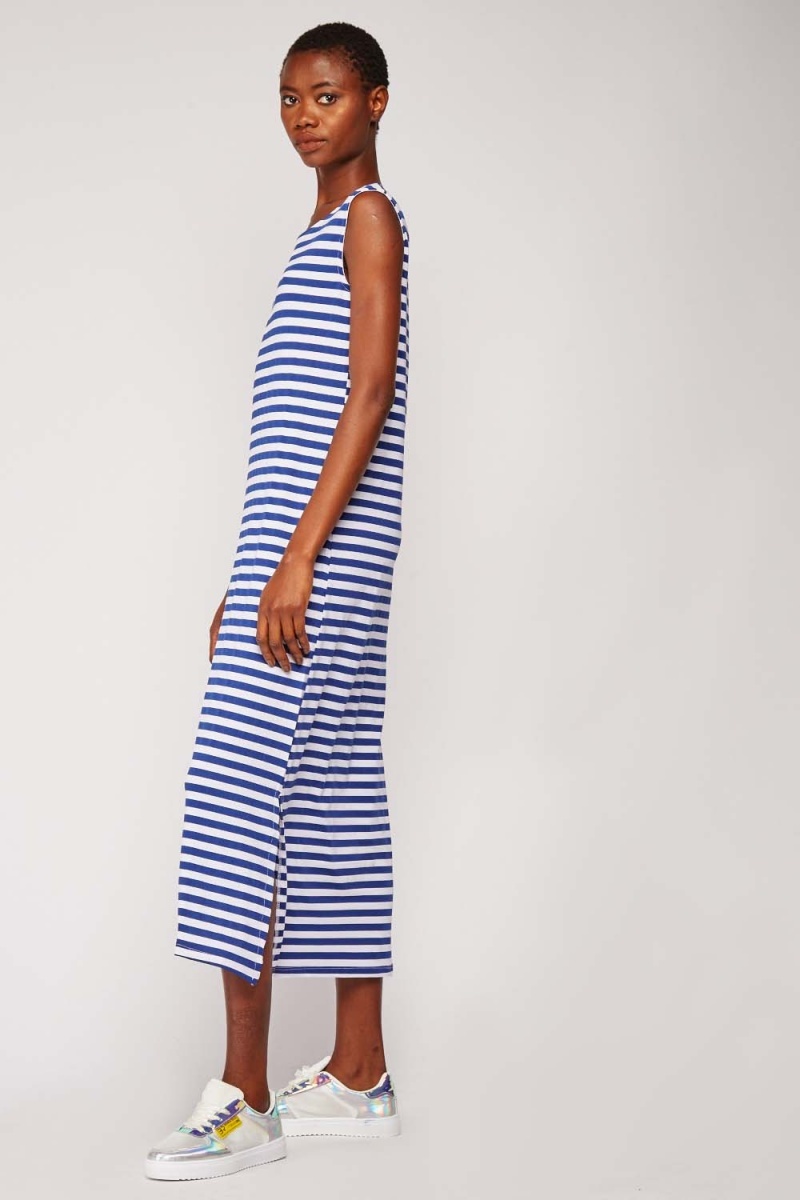 Black/White Striped Grown On Neck Knitted Midaxi Dress | In The Style