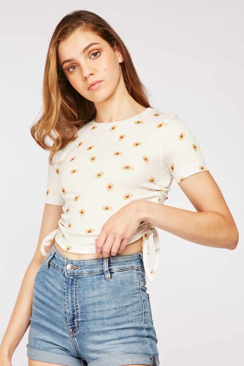 Avocado Print Ruched Side Crop Top Cream Multi Just 5